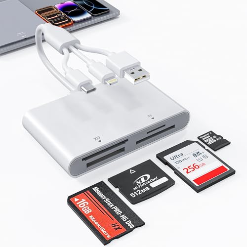 Memory Stick Pro Duo Adapter, 4 in 1 SD/Micro SD/MS/XD Picture Card Memory Card Reader, Lightning/USB-C/USB-A OTG Card Adapter, Sony Cybershot Memory Stick Pro Duo Reader for iPhone/Android/PC - color: white