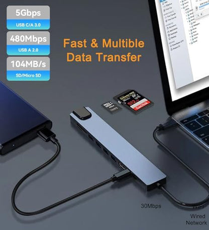 USB C Hub Ethernet HDMI Adapter, 8 in 1 Docking Station with 4K HDMI, RJ45 Ethernet, SD/TF Card Reader, USB 3.0/2.0, PD 100W, LAN USB-C Dongle for MacBook Pro/Air, iPad Pro, XPS, etc - style: 8-in-1