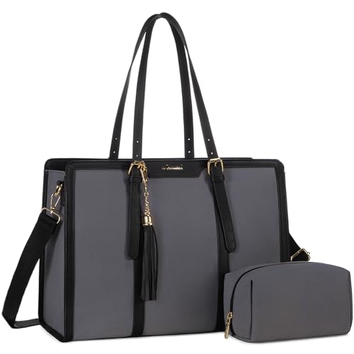 LOVEVOOK Laptop Bag for Women - 15.6 inch Lightweight Canvas Laptop Tote, Large Capacity Computer Bag with Clutch Purse for Business, Work, Travel, School (Iron Blue Grey & Black, 15.6 Inch) - color: Iron Blue Grey&black, size: 15.6 Inch