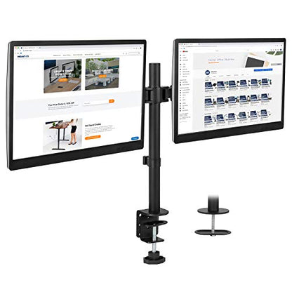 Mount-It! Dual Monitor Mount | Double Monitor Desk Stand | Interchangeable C-Clamp and Grommet Base | Two Heavy Duty Height Adjustable Arms Fit 2 Computer Screens 19 21.5 24 27 32 Inches | VESA 75 100