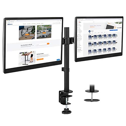 Mount-It! Dual Monitor Mount | Double Monitor Desk Stand | Interchangeable C-Clamp and Grommet Base | Two Heavy Duty Height Adjustable Arms Fit 2 Computer Screens 19 21.5 24 27 32 Inches | VESA 75 100