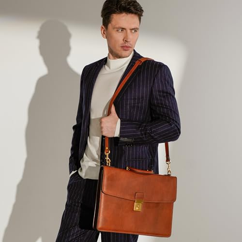 Time Resistance Leather Briefcase - Italian Handmade Leather Laptop Bag - Handbag for Men - Professional Computer Case - color: Cognac Brown