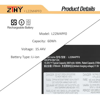 L22M4PF0 L22C4PF1 Laptop Battery Replacement for Lenovo Yoga Slim 6-14APU8 | 6-14IAP8 6-14IRH8 6-14IRP8 7-14IMH9 7-14IRP8 Series 5B11J63614 5B11N45328 L22C4PF0 L22D4PF0 L22D4PF1 L22M4PF1 15.44V 60Wh - size: 10.24*3.98*0.20 inchL22M4PF0