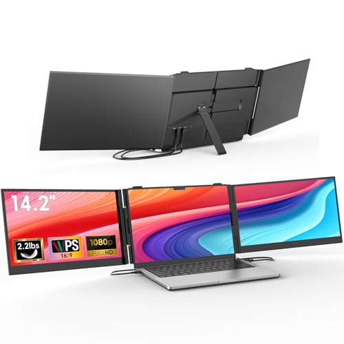 14.2" Triple Laptop Screen Extender, Ultra-Thin FHD 1080P IPS Portable Monitor for Laptop, Aluminum Alloy Tri-Screen Travel Monitor, Plug & Play for Windows/Mac/Chrome, Fits 13"-17.3" Laptops - size: 14.2" Triple