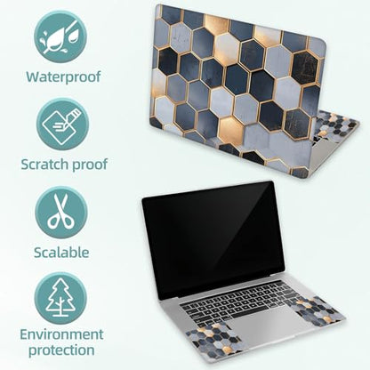 Universal Laptop Skin Decal, 3-Piece Vinyl Protector for 12 13 14 15.6" Notebook, Waterproof Anti-Scratch, Easy Trim & Bubble-Free Finish, Grey and Navy Blue Geometric Cubes - color: Grey and Navy Blue Geometric Cubes