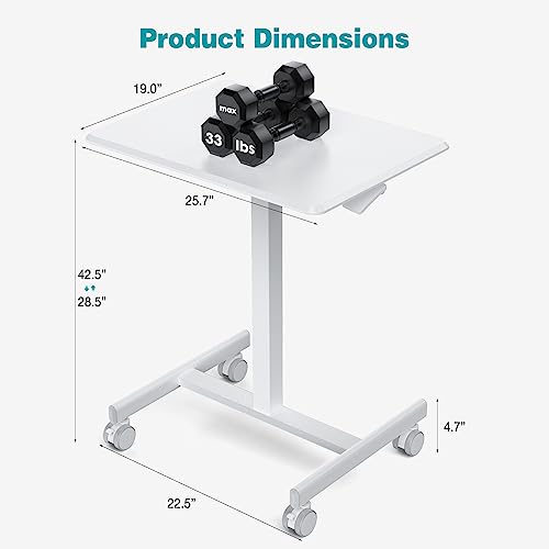 DUMOS Mobile Small Standing Desk, Portable Rolling Laptop Desk with 2 Lockable Wheels, Adjustable Height Computer Workstation for Home Office, 19 Inch White - color: Modern White