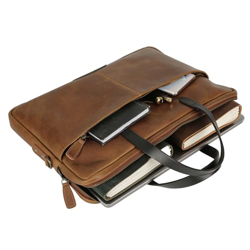KomalC Leather Laptop Sleeve 15.5" with Trolley Strap, Fits up to 16" Laptop, Slim Office Bag with Shoulder Strap - color: Serena