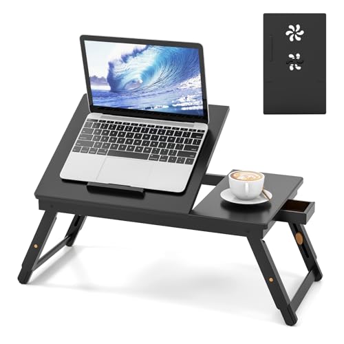Giantex Bamboo Laptop Desk for Bed, Adjustable Serving Tray Breakfast Table with Tilting Desktop, Folding Lap Tray with Removable Stopper, Cooling Holes & Small Side Drawer (Black) - color: Black