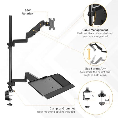 Mount-It! Sit-Stand Monitor Arm Desk Mount with Keyboard Tray, Single Monitor Fits Up to 32”, Height Adjustable Gas Spring, Full Motion Articulating Arm, Clamp or Grommet, Black