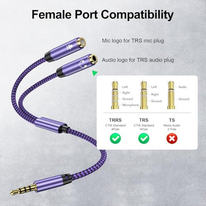 Headphone Splitter Cable 3.5mm Male to 3.5mm Female Headphone & 3.5 mm Microphone Jack Adapter Audio Stereo Y Splitters Adapter HiFi Sound Aux Extension Cable for Earphone Phone PS5 PS4 Switch Tablets - color: purple