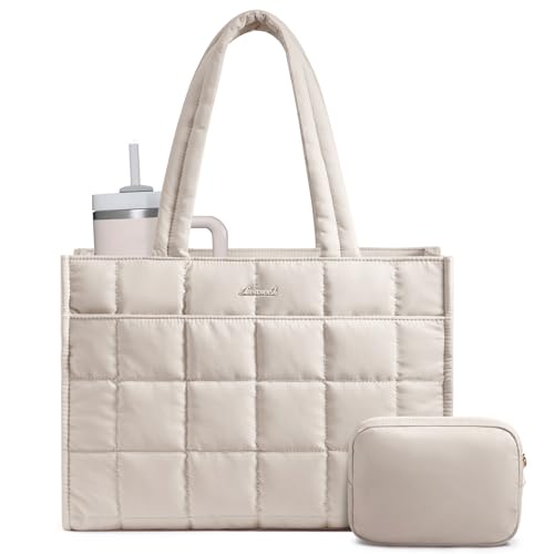 LOVEVOOK Tote Bag for Women, Puffer Work Handbag 15.6 Inch Laptop Purse for Nurse Teacher, Large Quilted Travel Tote Shoulder Bag with Zipper for College Office Clinical Gym, Off white - color: Off-white, size: 15.6 inch