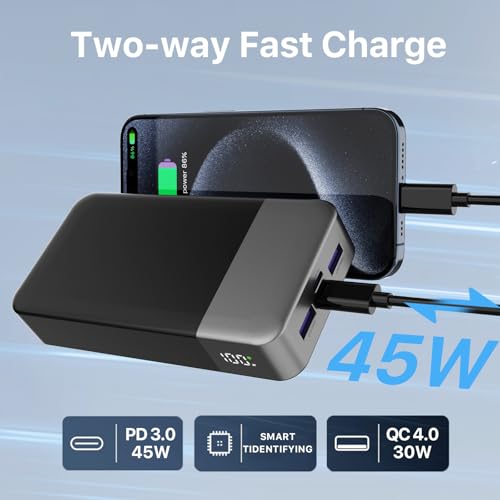 NOBIS Portable Charger 45W 20000mAh Power Bank Fast Charging | 2C+2A Battery Pack with C to C Cable, Battery Bank with Digital Display for iPhone Android Laptop etc - color: Black