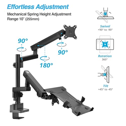 AVLT Laptop & Monitor Arm Pole Top Mount for 17-38" Screens - Black | Supports flat/curved/ultrawide screens up to 26.4 lbs. Mechanical spring, laptop tray, height adjustment and cable routing. - size: Laptop & 38 Inch Monitor Pole Arm