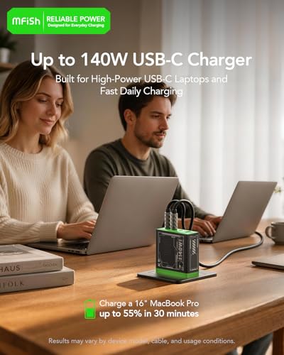 Mfish E-Rhino 140W USB-C Charger, True PD 3.1 GaN Fast Charger, 4-Port (3 USB-C + 1 USB-A) Foldable Plug Power Adapter for MacBook Pro 16”, iPhone 17/16, iPad, Galaxy, Tablet, Laptop Black - color: 140W-Black