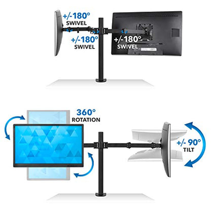 Mount-It! Dual Monitor Mount | Double Monitor Desk Stand | Interchangeable C-Clamp and Grommet Base | Two Heavy Duty Height Adjustable Arms Fit 2 Computer Screens 19 21.5 24 27 32 Inches | VESA 75 100