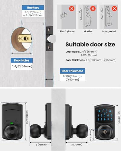 Smart Fingerprint Keyless Entry Door Knob Keypad Electronic Biometric Lock | 20 User Codes 50 Fingerprints Vacation & Passage Mode One-Time Code 2 Keys Auto-lock 2-99s Anti-peep Fits U.S. Standard Door - size: HL-669FK Matte Black
