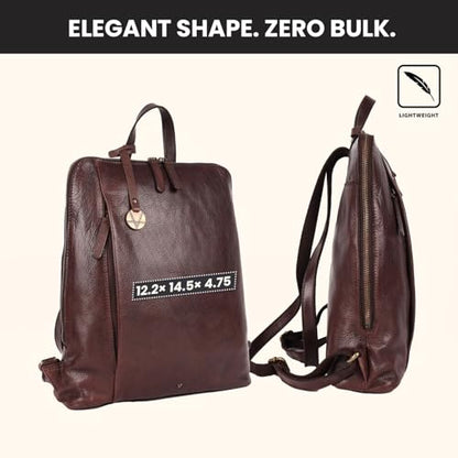 12.5 Inch Genuine Leather Backpack For Women & Men, Brown | Brown Leather Bookbag Purse With Adjustable Shoulder Strap, YKK Zipper & Mobile Pockets, Small Travel Bag, Unisex Bag - color: Brown