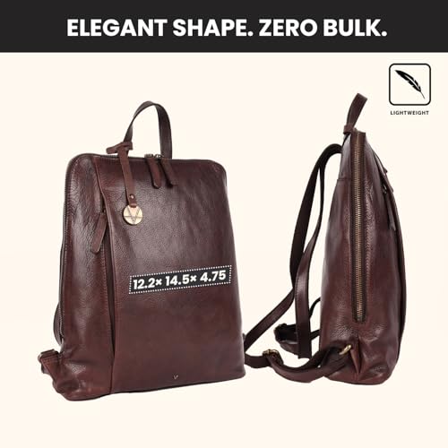 12.5 Inch Genuine Leather Backpack For Women & Men, Brown | Brown Leather Bookbag Purse With Adjustable Shoulder Strap, YKK Zipper & Mobile Pockets, Small Travel Bag, Unisex Bag - color: Brown