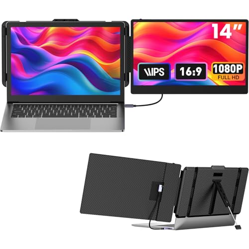 Laptop Screen Extender 14-inch, 1080P FHD Portable Monitor, Type-C/HDMI/USB-A Plug & Play, Laptop Monitor Extender fits Laptops with Screen up to 15.35" Wide, Compatible with Windows, Mac, Chrome - size: 14" Dual Screen