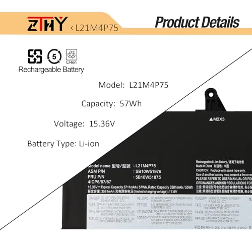 L21M4P75 L21B4P71 Battery Replacement for Lenovo ThinkPad T14s Gen 3 Gen 4 | ThinkPad T14s 2022 2023 Laptop L21L4P73 L21D4P74 Battery SB10W51976 SB10W51977 5B10W51874 5B10W51875 15.36V 57Wh 4-Cell - size: 11.61*4.05*0.19 inch L21M4P75