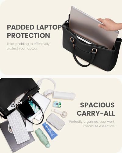 LOVEVOOK Laptop Bag Tote Bag for Women, Work Bags Teacher Tote Bag, Waterproof Leather Computer Bag, Business Laptop Purse Office Handbag Professional Briefcase, 17 Inch, Black
