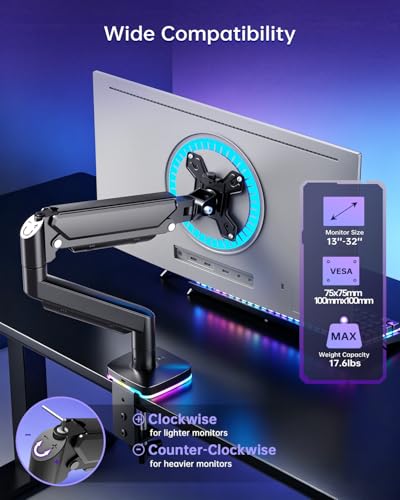 Afaloona RGB Gas Spring Monitor Arm with USB Hub for 13-32" Monitors | 3 USB ports (2 USB-C + 1 USB-A), Charging and Data Transfer, Full Motion Adjustable, Max Load 19.8lbs, Max VESA 100x100mm - size: RGB Gas Spring Monitor Stand