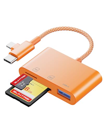 SD Card Reader for iPhone iPad Camera with USB C, Dual Card Slot USB Memory Card Reader Supports SD/TF Card Trail Camera Viewer SD Card Adapter Portable Micro SD Card Reader No App Plug and Play - color: Orange