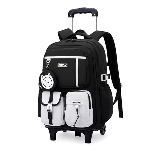 Mfikaryi Kids Rolling Backpack for Girls Boys, Wheeled School Bag Bookbag Kids Backpack with 2 Wheels - color: Two Wheels-black, style: Two Wheels
