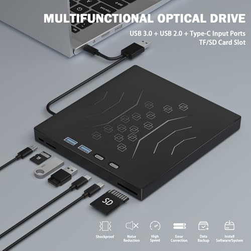 Wbacon 7 in 1 External CD/DVD Drive for Laptop, USB 3.0 External CD Drive | CD DVD +/-RW Disk Drive, Portable CD/DVD Player Burner Reader Writer for Laptop Desktop PC Windows 11/10/8/7/XP Mac Linux - style: External DVD Drive