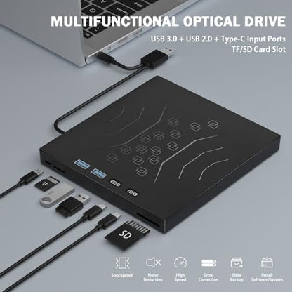 Wbacon 7 in 1 External CD/DVD Drive for Laptop, USB 3.0 External CD Drive | CD DVD +/-RW Disk Drive, Portable CD/DVD Player Burner Reader Writer for Laptop Desktop PC Windows 11/10/8/7/XP Mac Linux - style: External DVD Drive