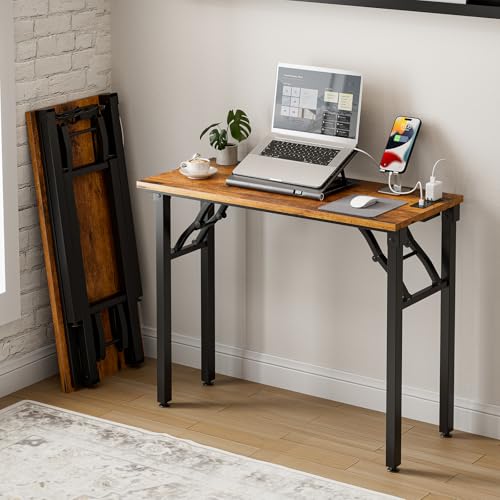 Frylr Small Folding Computer Desk – 35.8 Inch Portable Table for Craft and Study, Lightweight Desk for Small Spaces, Foldable Laptop Table Built-in AC/USB Outlets for Convenience, Rustic Brown - color: Rustic Brown, size: 35.8 X 15.7 Inch, style: With Pow