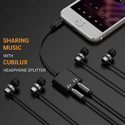 Cubilux 3.5mm to Double Audio Jack Headphone Sharing Splitter Compatible with MacBook iPad iPod, Smartphone, Computer, Laptop, Tablet, MP3, 2-Way 3.5 mm Earphone Ports Adapter, Dual Headsets Connector - color: Black