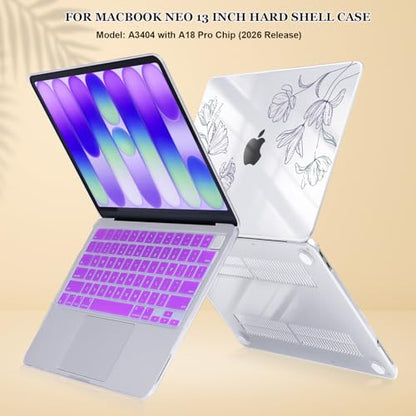 Compatible with MacBook Neo 13 inch Case 2026 Model A3404 Cover, Ultra-Thin Pattern Plastic Hard Shell Case Keyboard Cover Screen Protector Dust Plug, Purple Line Flower - color: Purple Line Flower