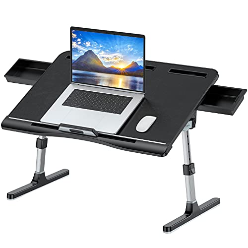 KLEAR Laptop Bed Tray Table [Luxury PVC Leather], Adjustable Laptop Desk for Bed, Foldable Lap Desk for Laptop with 2 Drawers, Multifunctional Lap Table for Working, Eating, Writing, Gaming, Drawing - color: Black, size: X-Large without Bag (15.7"x23.6")