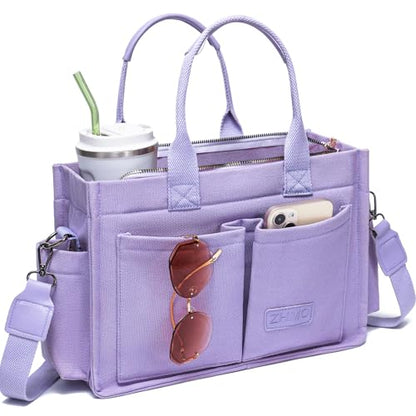 Canvas Tote Bag for Women,Women's Bags Crossbody Bags Work Laptop Tote Bag Large Handbags Purse for Travel Nurse Teacher - color: New Upgrade Plus Purple With Compartments and Inner Cup Holders
