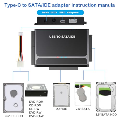 USB Type-C to SSD/SATA/IDE 2.5/3.5" Hard Drive Reader with Power Adapter | Hard Drive Adapter Data Transfer Universal Data Recovery Converter Kit for Hard Drive Disk Up to 6TB Capacity, Support UASP