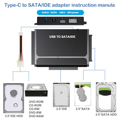 USB Type-C to SSD/SATA/IDE 2.5/3.5" Hard Drive Reader with Power Adapter | Hard Drive Adapter Data Transfer Universal Data Recovery Converter Kit for Hard Drive Disk Up to 6TB Capacity, Support UASP