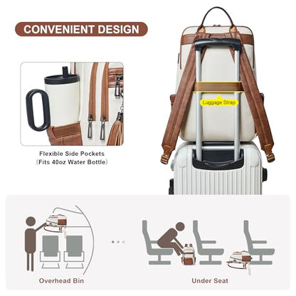Shrrie 17 Inch Laptop Backpack for Women,Vegan Leather Backpack Purse,28L Work Business College Travel Computer Backpacks with Pouch Pocket for Large Capacity Cup & USB Charger,Beige with Brown - color: Beige With Brown