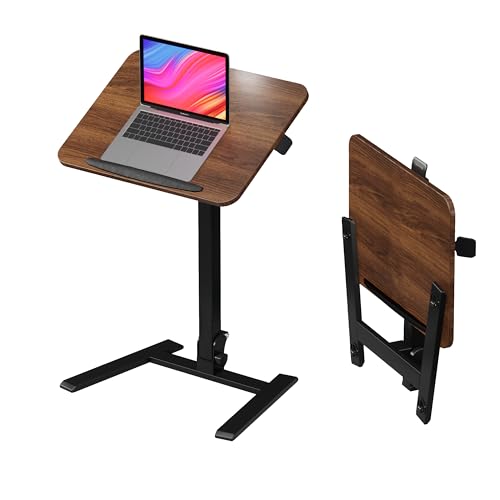 25" Mobile Folding Desk: Pneumatic Sit-Stand, No Assembly | 29-42" Height Adjustable Rolling Laptop Desk, Hidden Wheels, 0-90° Tilt Top. Ideal for Home Office, Craft & Study. - color: Brown