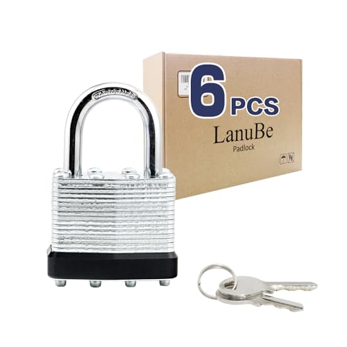 LanuBe Laminated Keyed Alike Padlock 6 Pack 1.6-in Wide Standard Shackle | Brass cylinder with keyed alike design.One key opens all locks. black ring, for gates, sheds,hasps，toolboxes - size: 6 Pack Black