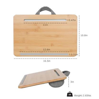 Lap Desk for Laptop with Cushion, Bamboo Laptop Stand with Anti-Slip Strip Tablet Phone Holder, Fits up to 14 inch Portable Computer Lap Desk for Couch, Bed & Car - size: Small