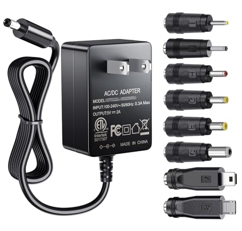 SoulBay 5V 2A Power Supply Adapter 10W AC100-240V to DC 5 Volt 2Amp Versatile Charger Cord with 8 Plugs for USB Hub TV Box Tablet Camera Speaker GPS Webcam Router and More 5vdc Electronics, 5FT