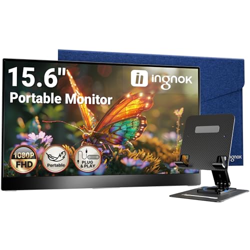 Ingnok 15.6'' FHD IPS Portable Monitor – Ultra Slim External Screen with USB C/HDMI for Laptop, Mac, PC, Phone, PS4, PS5, Switch (Renewed)