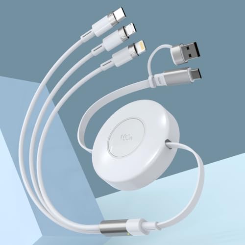 Retractable USB C Multi 5-in-1 USB A/Type C to Lightning/USB C/Micro iPhone Charger Cable,100W Fast Multiple Apple Charging Cord iPhone 15 14 13 12 Pro Max Xs Xr X 8 7 6 Plus SE/Samsung/iPad Pro-White - color: White