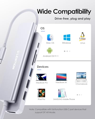 LENTION 7-in-1 USB C Hub, 4K@60Hz HDMI, 100W PD, Card Reader, USB 3.0 & 2.0 | Plug and Play, Stable Driver 3.0 Certified, for macOS, iOS/iPadOS, Windows & ChromeOS (CB-CE18, Silver) - color: Silver