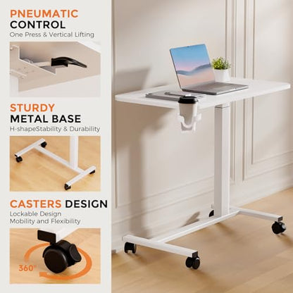 COMHOMA Adjustable Overbed Bedside Table with Lockable Wheels, Pneumatic Mobile Standing Laptop Desk, Small Portable Rolling Overbed Table Hospital Home Use(32" W x 18" D, White) - color: White, size: Large