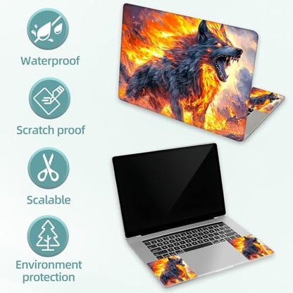 Universal Laptop Skin Decal, 3-Piece Vinyl Protector for 12 13 14 15.6" Notebook, Waterproof Anti-Scratch, Easy Trim & Bubble-Free Finish, Fierce Fire Wolf - color: Fierce Fire Wolf