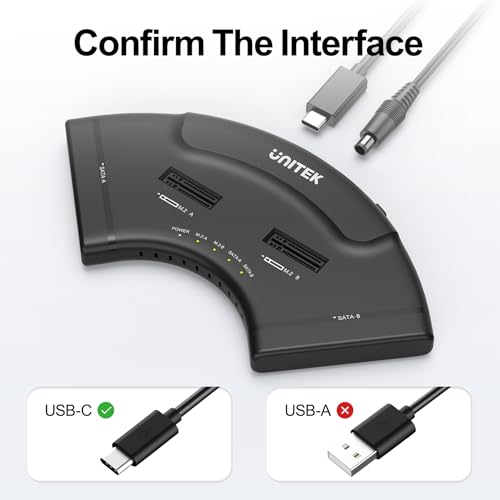 Unitek 4-Bay USB-C Adapter, 2X M.2 + 2X SATA, 10Gbps, Tool-Free | Simultaneous 4-Drive Access; 2 M.2 (NVMe/SATA) + 2 SATA (2.5/3.5"); Hot-Swap; UASP/TRIM; USB-C Cable & 12V Adapter Included - color: Black USB-C M.2 & 2.5/3.5"