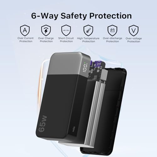 NOBIS 20000mAh Battery Pack Power Bank 65W Power Bank, Portable Charger with Digital Display, Dual USB-C/USB-A Fast Charging for Laptop, Phone, Tablet, Travel-Friendly External Battery Pack - color: Black