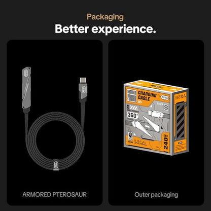 MFish 240W USB-C Cable with Foldable Stand, 3.93FT | 90° T-shaped plug, PD 3.1, E-Marker chip, 45,000 bend test, slim-case fit - color: Black